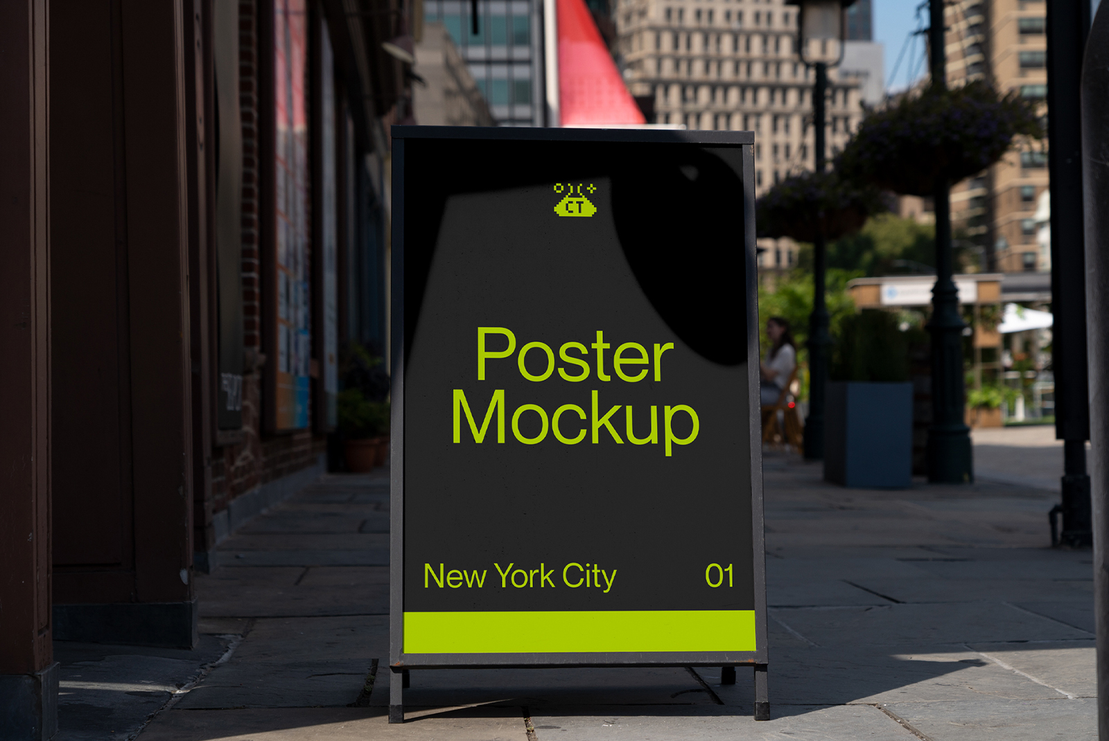 Outdoor poster mockup in urban environment for designers, editable digital asset, sidewalk advertising display near street, realistic design template.